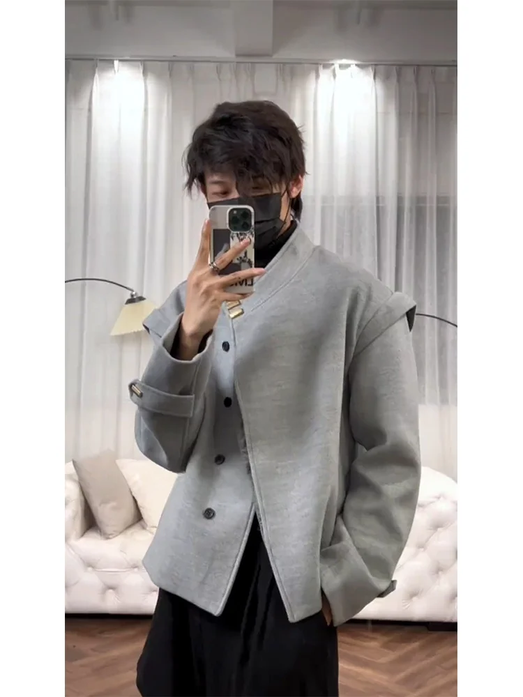 

Мужская шерстяная куртка на весну-осень с асимметричными пуговицами, воротником-стойкой, свободного кроя, модная, в городском стиле, с боковыми карманами