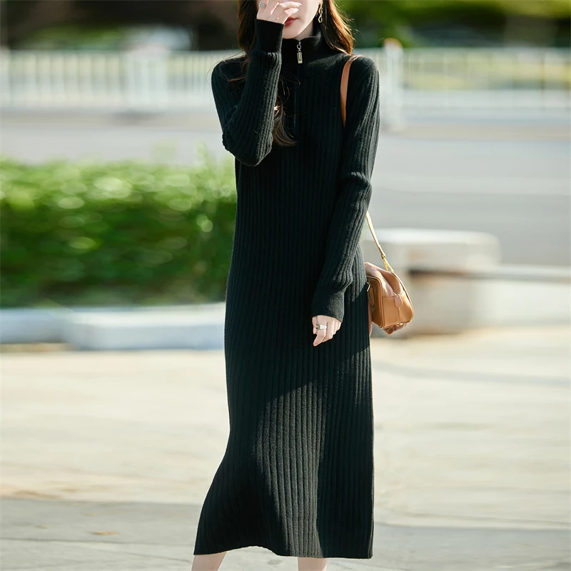 Cashmere dress women's casual loose long zipper stand collar knitted sweater skirt knee-length dress