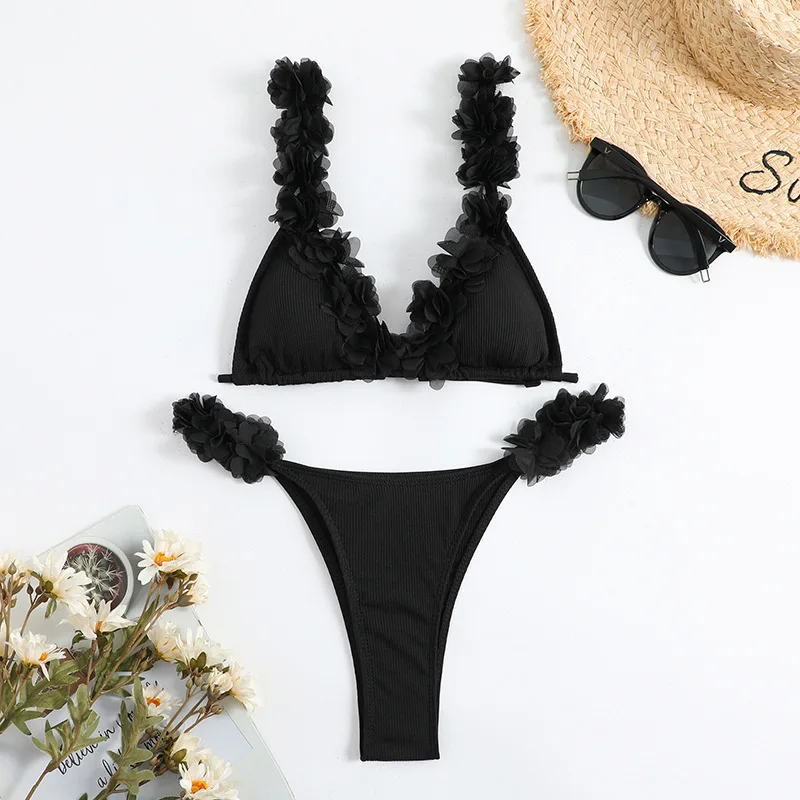 SISSIJOE 3D flower one shoulder bikini set Padded two-piece white swimwear women Vintage summer beach swimsuit biquini