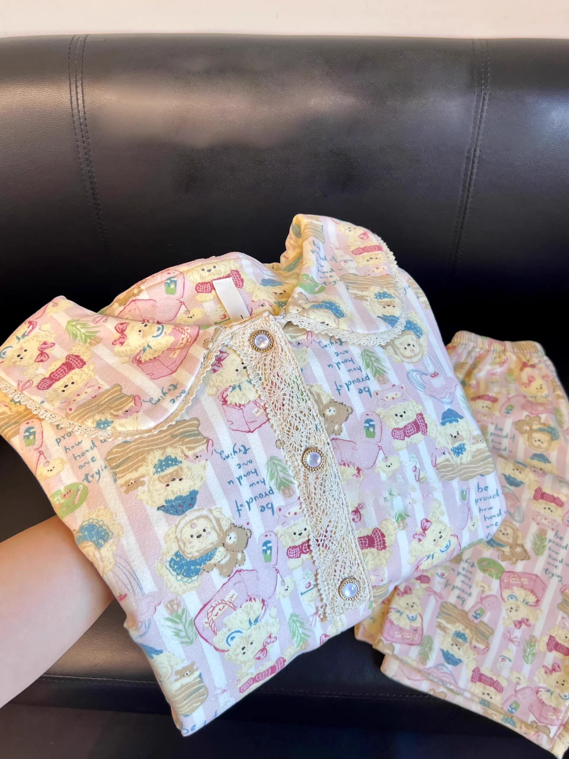 

Large Size 300 Pounds Pink Bear Sleepwear Set Sweet Comfortable Home Clothes Two-Piece Set for Girls Spring Autumn Cute