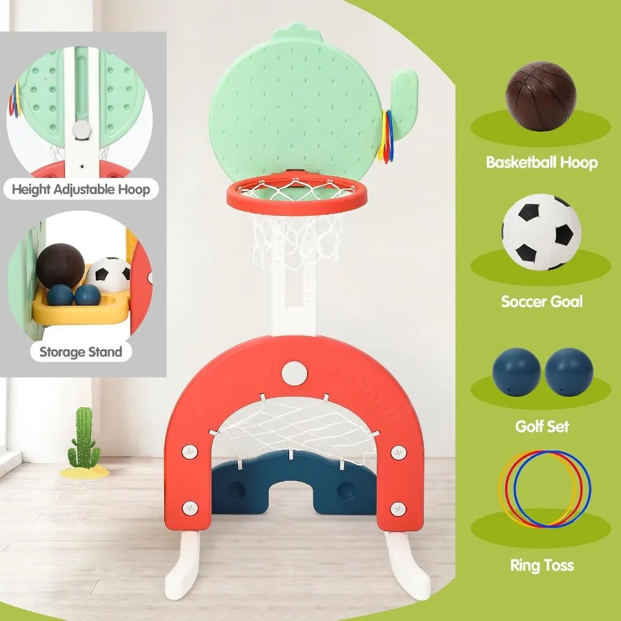 Conjunto de escorregador e balanço para crianças 7 em 1, escalador autônomo com balanço ajustável e cesta de basquete, futebol, golfe e anel para