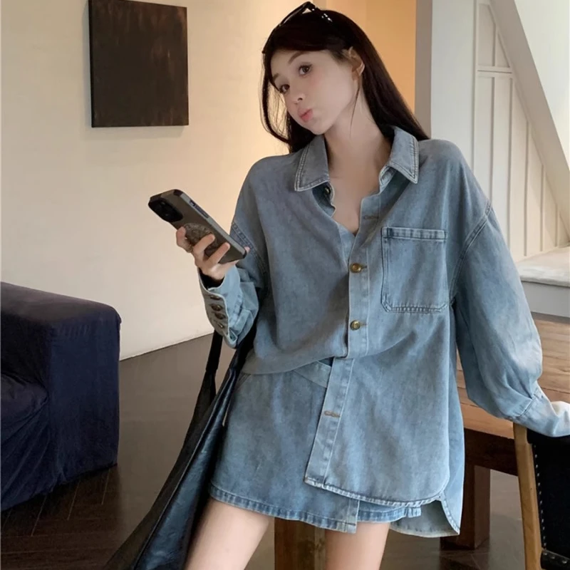 Neploe Vintage Long Sleeve Denim Shirts Women+ Y2k Irregular High Waist Skirts Two Piece Sets 2024 Spring New Two Piece Sets