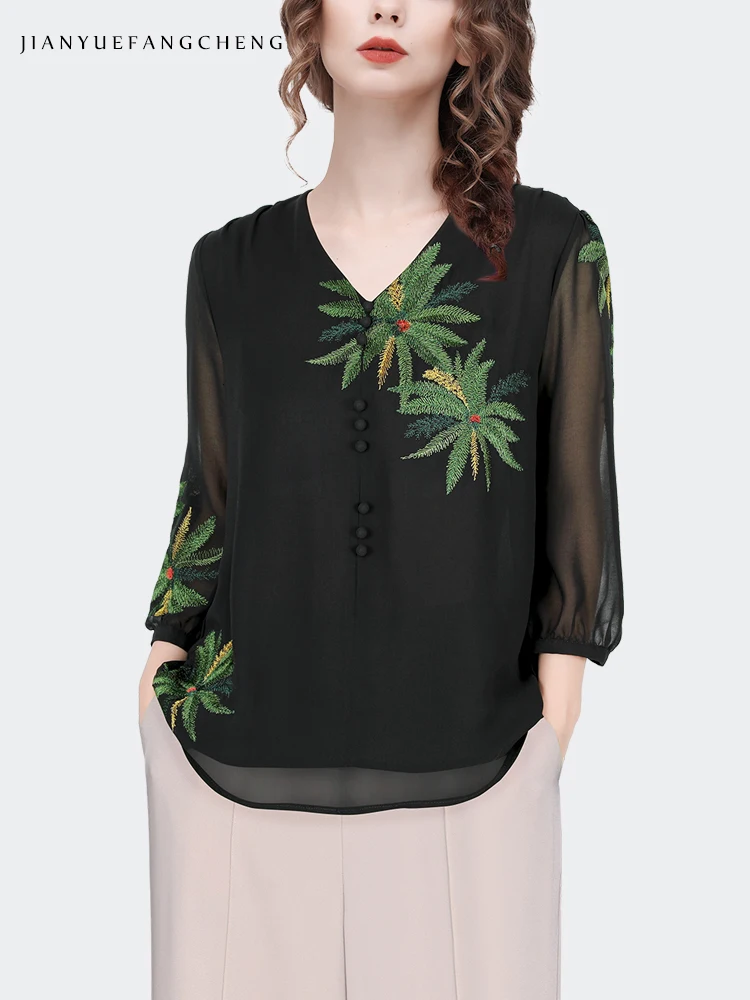 Fashion Embroidered Black Chiffon Blouse Women Loose Plus Size Summer Tops V-Neck See Through Lightweight Tulle Shirts