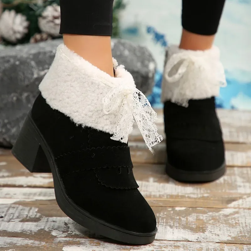 Women's Boots 2024 New Sweet Lolita heels Winter Warm Plush Snow Boots Chuncky High Heel Women Round Toe Streamers Ladies Shoes