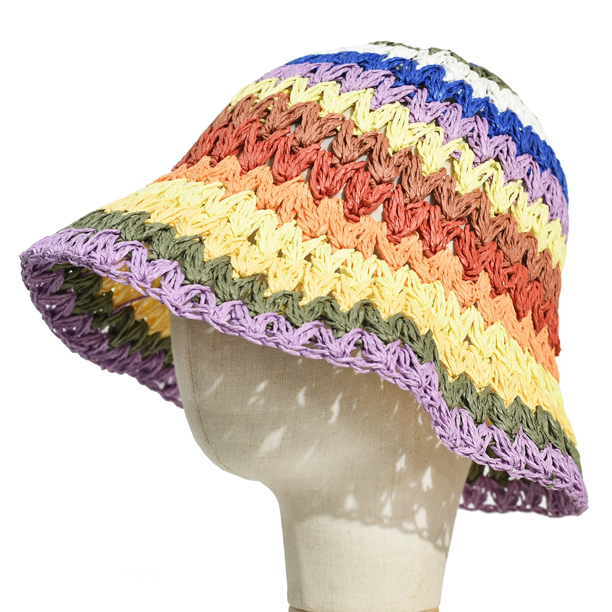 

Summer Women Bucket Hat Handmade Straw Hat Rainbow Crochet Foldable Parent-child Panama Hat Children Female Beach Sun Visor Cap
