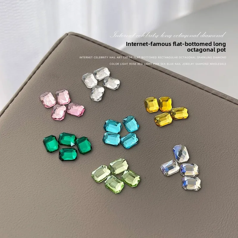 50Pcs Long Octagon Flat Back Crystal Nail Rhinestones Versatile Nail Charms DIY Manicure Nail Art Decorations Wholesale