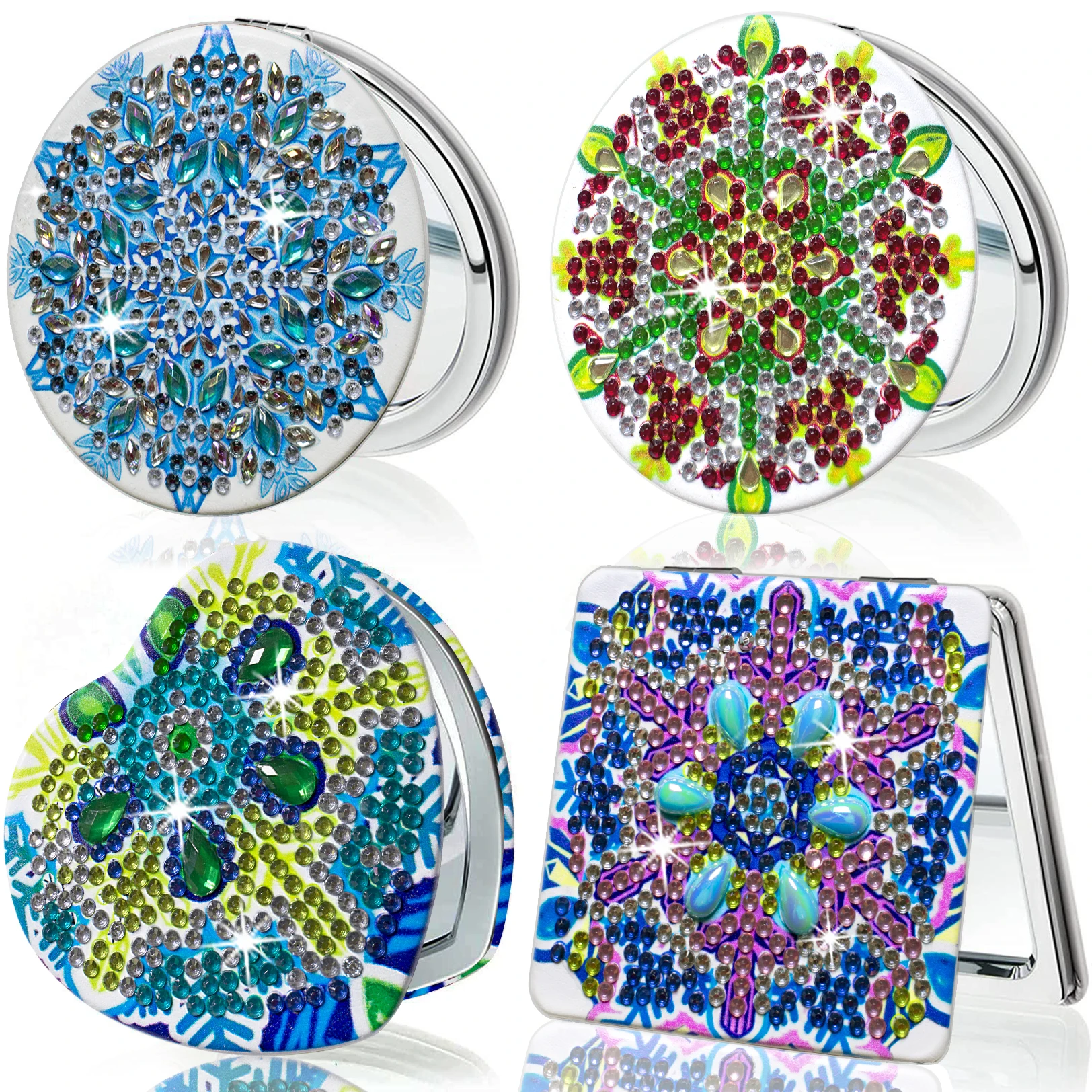 1 DIY-Diamant-Malerei-Set, Spiegel mit Mandala-Muster aus PU-Leder, tragbarer kleiner Taschenspiegel mit faltbarer Tasche, Neujahrsgeschenk