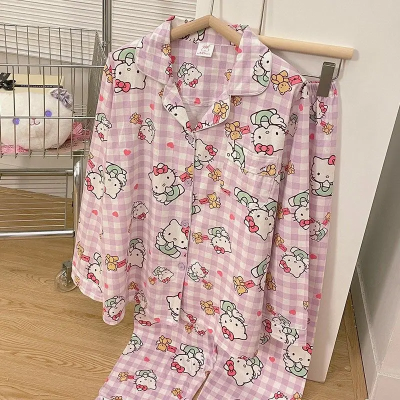 Hellokitty Cotoon Catroon Anime Cute Purple Plaid Sleepwear Comfortable Home Clothes Soft Long-sleeved Spring Autumn Pajama Set