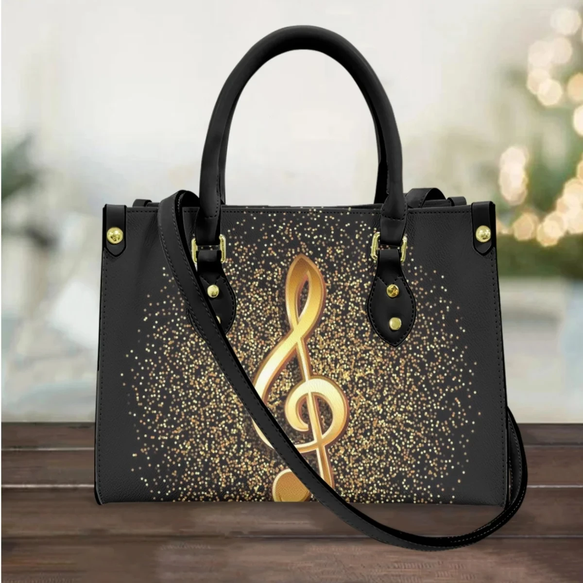 Gold Music Note Pattern Crossbody Bag Female PU Leather Top-handle Small Casual Handbag New Street Trend Messenger Bag Totes