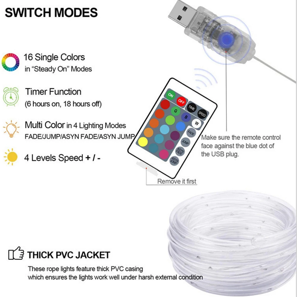 Imagem -02 - Rgb Led Luz Mangueira 5m 10m 20m Usb Fada Led String Mais Controle Remoto à Prova Dremote Água Guirlanda Luz para o Natal Ano Novo Decoração do Jardim