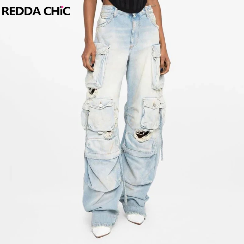 

ReddaChic 90s Y2k Women Baggy Jeans Ripped Torn Cargo Pants Wide Leg Destroyed Oversized Boyfriend Street Style Hip-hop Trousers