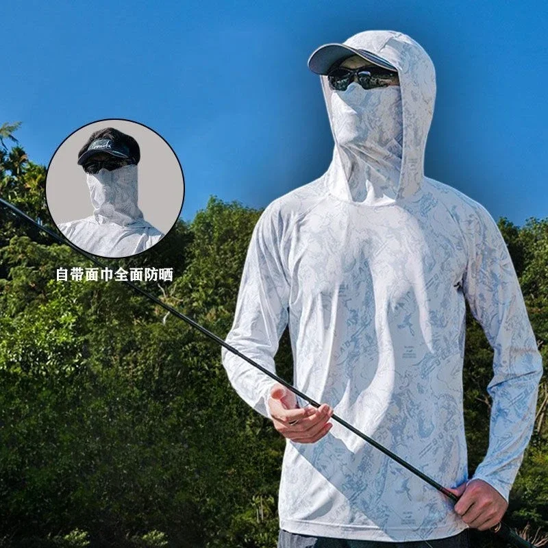 3D Camo Print Men Fishing Hoodie With Face Cover UV Protection Long Sleeve Ice Silk Quick Dry Outdoor Fishing Sun Shirt