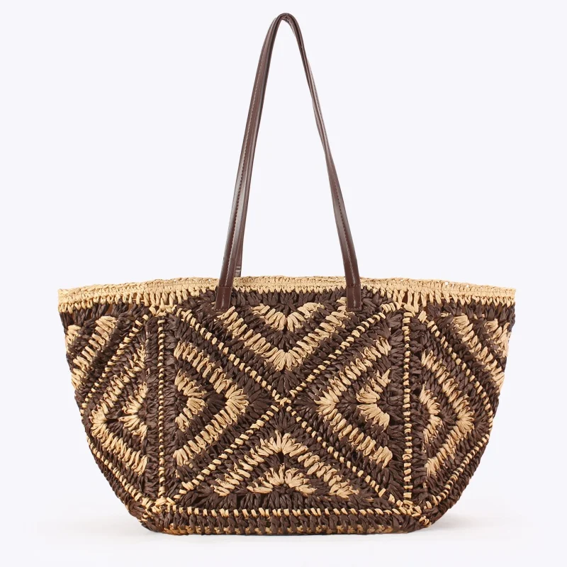 Paper Rope Color-Blocked Stripes Woven Bag for Women Casual Vacation Beach Grass Braided Bag Female Large Capacity Tote Bag