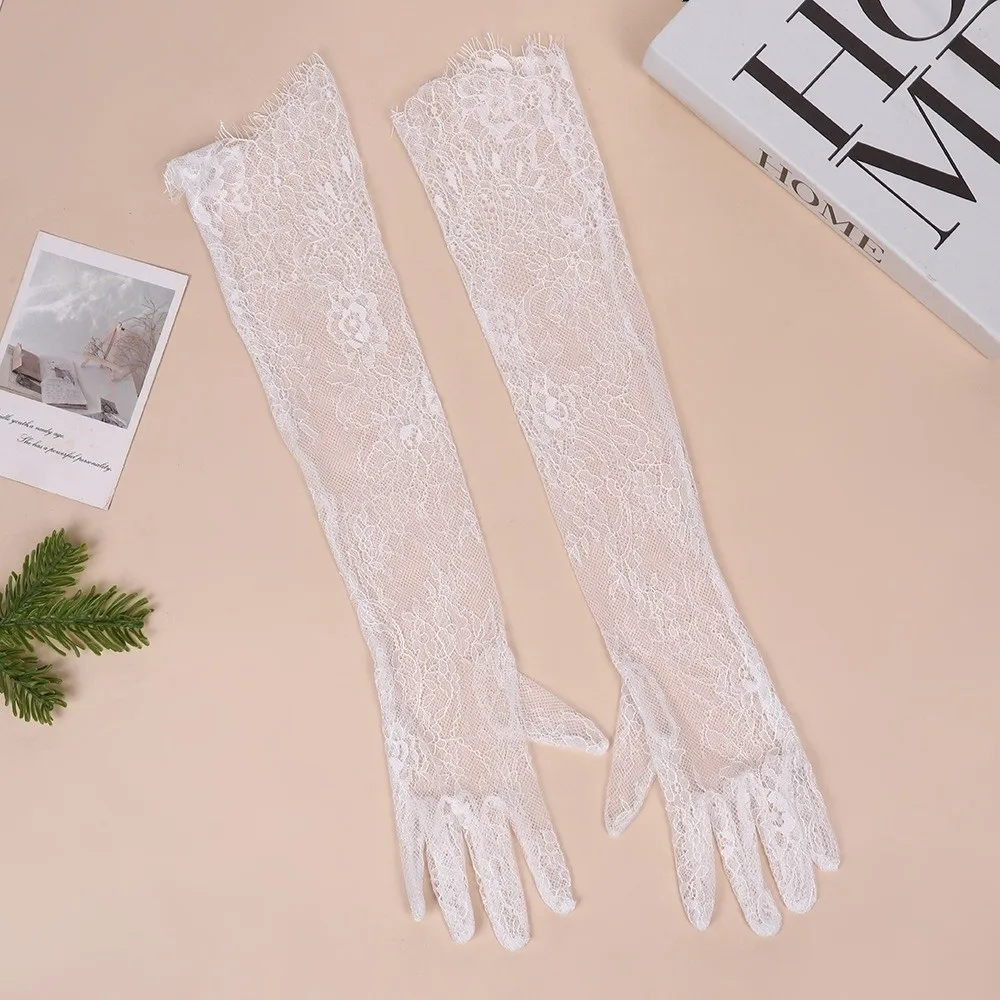 1 par de guantes de encaje de longitud larga, guantes de novia de Material fino transparente, guantes de fiesta con patrón Floral calado, boda nupcial