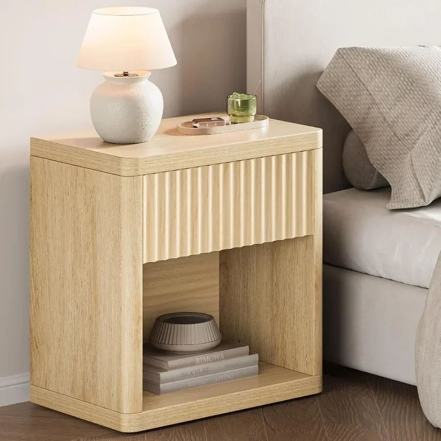 Night Stand Fluted Nightstand with Drawers, Wood Bedside Table with Storage, Bed Side Table End Tables for Bedroom, Farmhouse N