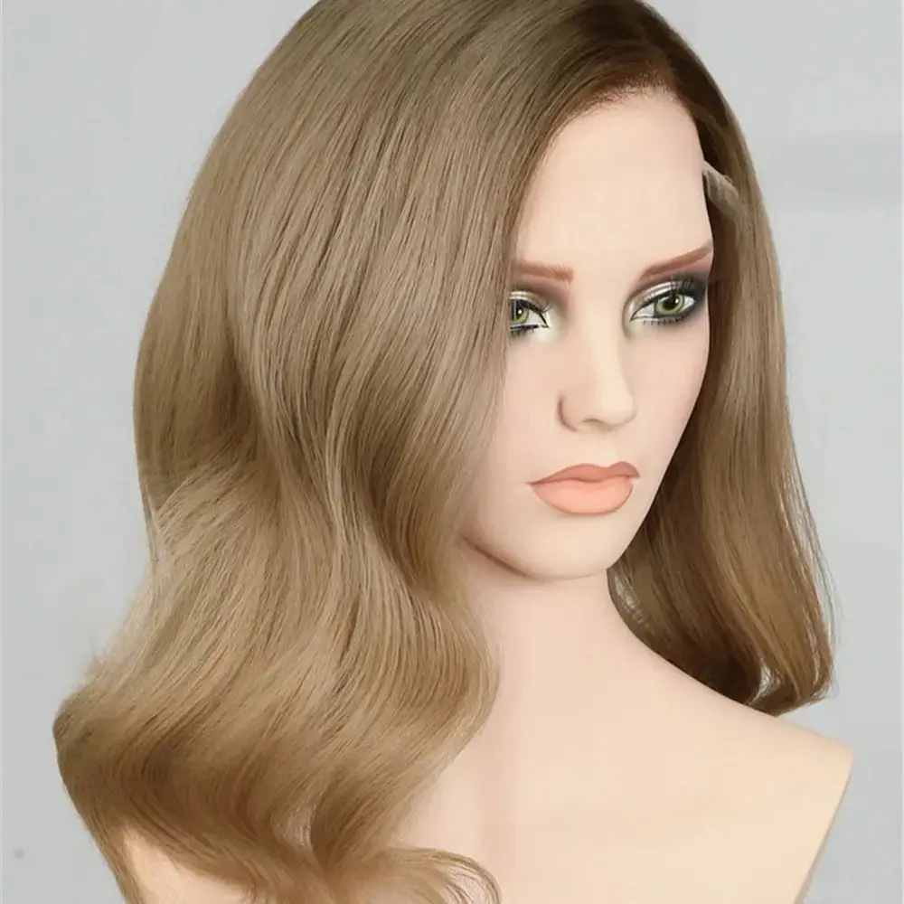 Shoulder Slightly Wave Glueless Wigs Synthetic Hair Light Brown 13*4 Lace Frontal Wig With Dark Roots Free Part Natural Hairline