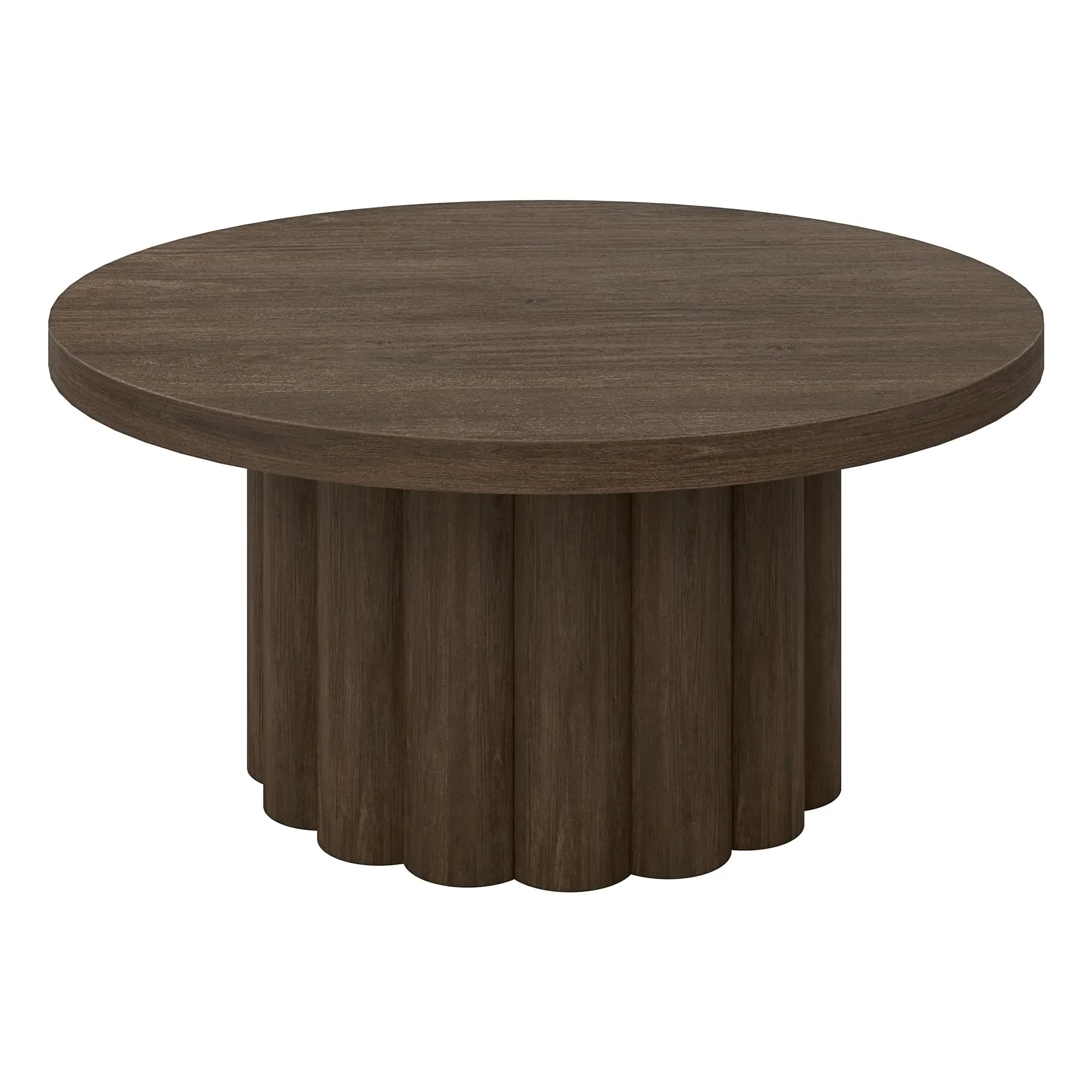 

32 Inch Round Low Profile Coffee Table With Fluted Pedestal Base In Heritage Oak Finish