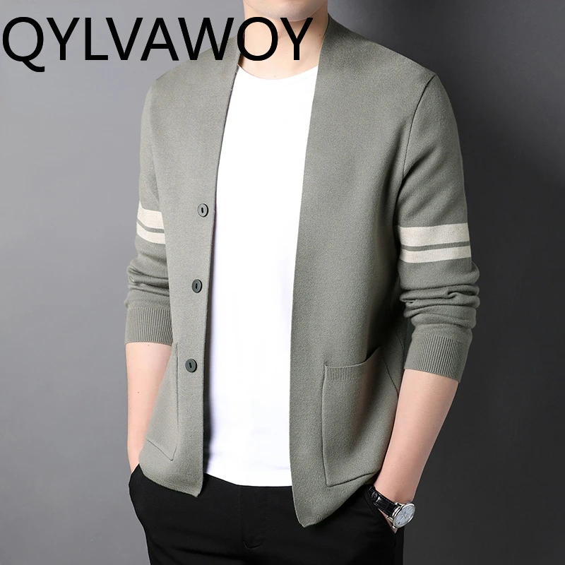 QYLVAWOY 4.9% Wool Cardigan Men Business Casual Mens Tops Warm Sweaters Spring Autumn Clothes Loose Fit Knitted Sweater 2024