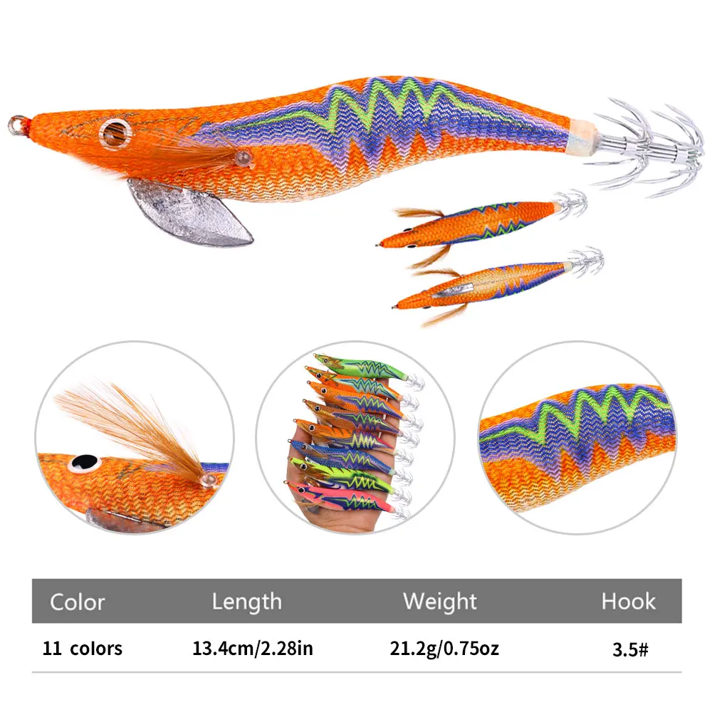 1pcs Wooden Shrimp Fishing Lure Squid Jig Fishing Hook Octopus Cuttlefish Artificial Jigging Lures Hard Bait Pesca 3.5# 14CM 20g