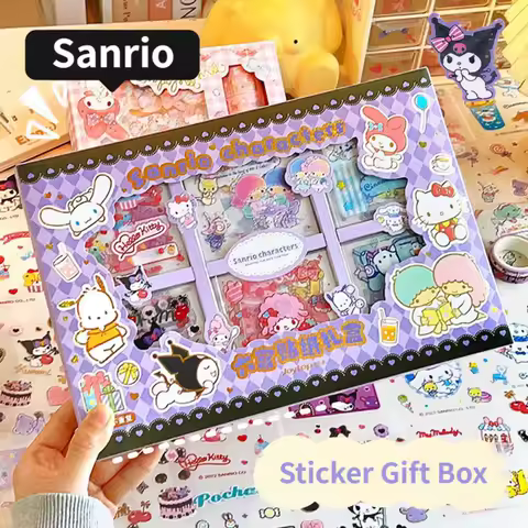 Kawaii Anime Sanrio Hello Kitty Six-Grid Sticker Gift Box Cartoon Kuromi Students Diy Handbook Decoration Material Girls Gifts