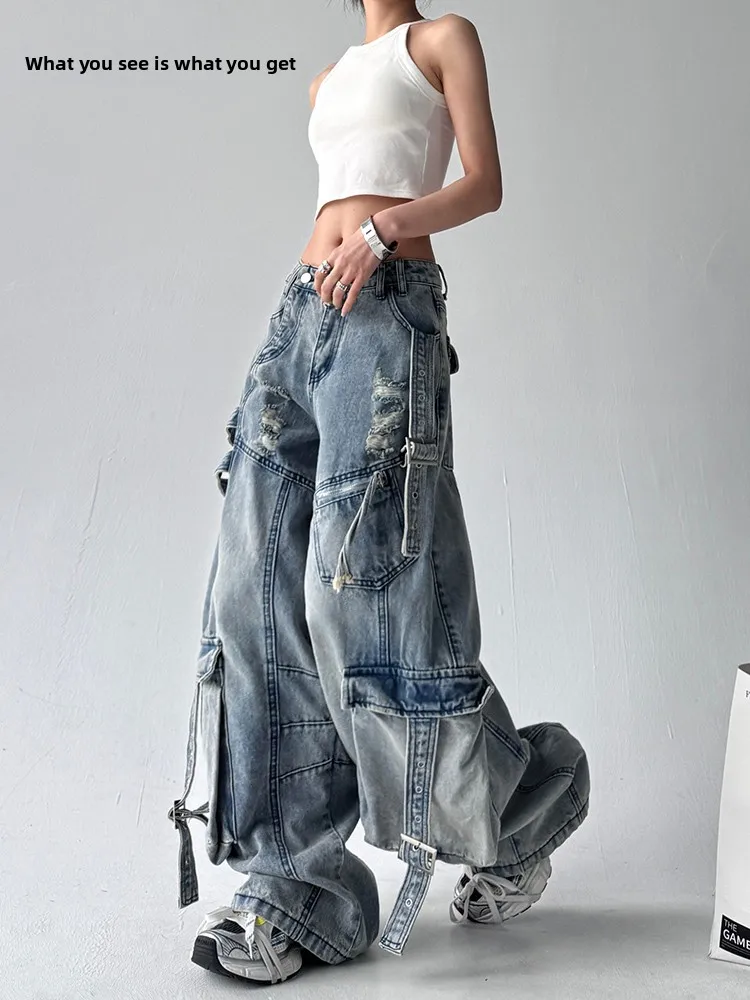 

American Heavyweight Draped Knife Denim Jeans Women's 2025 Trendy Autumn Wide Leg Multi ket Workwear Pants
