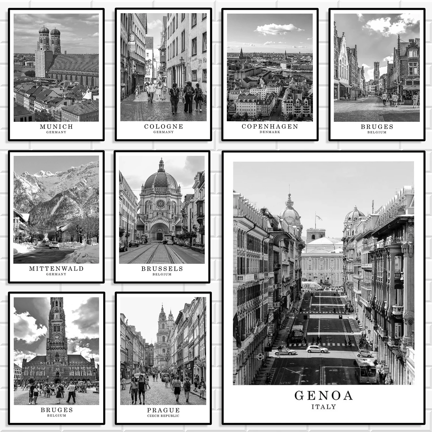 Monochrome Black White European Historic Town Wall Print Bundle Minimalist Neutral Canvas Poster Home Decor Housewarming Gift