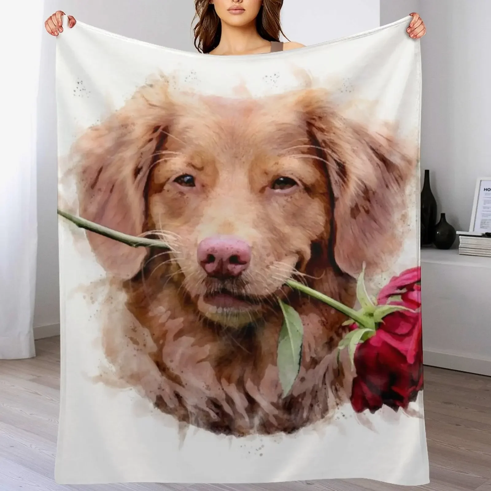 Nova Scotia Duck Tolling Retriever with rose Watercolour - Happy Valentine’s Day Throw Blanket Beach Blankets