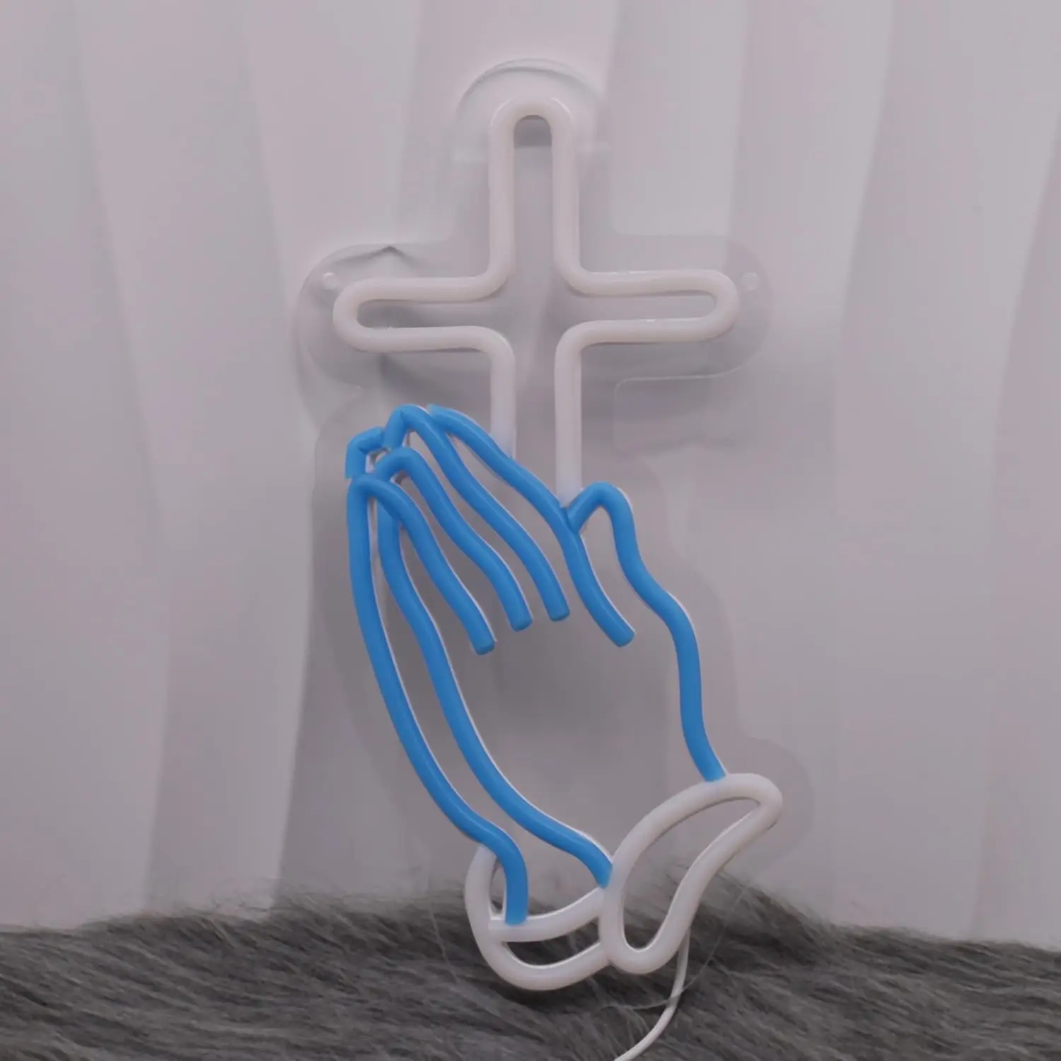 Praying Hands with Cross Neon Sign USB Dimmable LED Christian Wall Light for Church Prayer Room Religious Faith Home Decor Gift