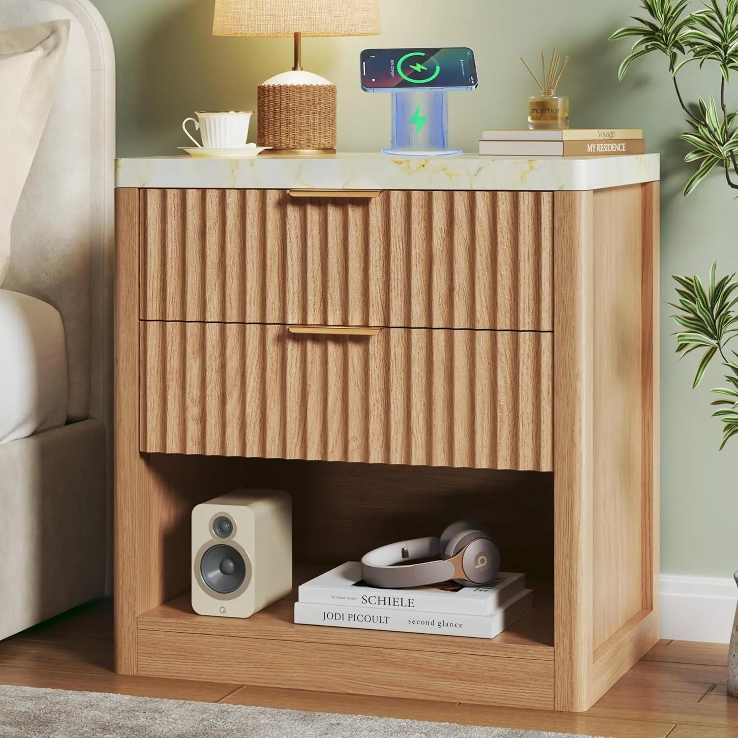 Fluted Nightstand with 2 Drawers, 24'' Night Stand with Wireless Charging Station, Mid Century Modern Side Table, Customized