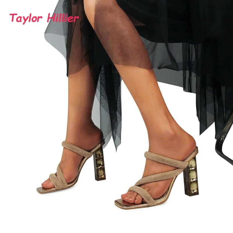 Crystal Heel Rhinestone Strappy Mules Women Fashion Square Toe Slide Sandals Ladies Classy Block Heel Party Evening Heels