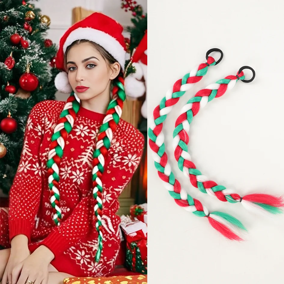 Synthetic 2PC 24 inch Christmas wig ponytail red white green wig ponytail colorful ponytail extension wig party music festival