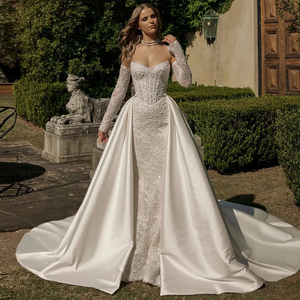 

Exquisite Pearls Lace Customized Robe de mariée Sexy Sweetheart Sleeveless Bridal Gowns High Quality Mermaid Satin Wedding Dress
