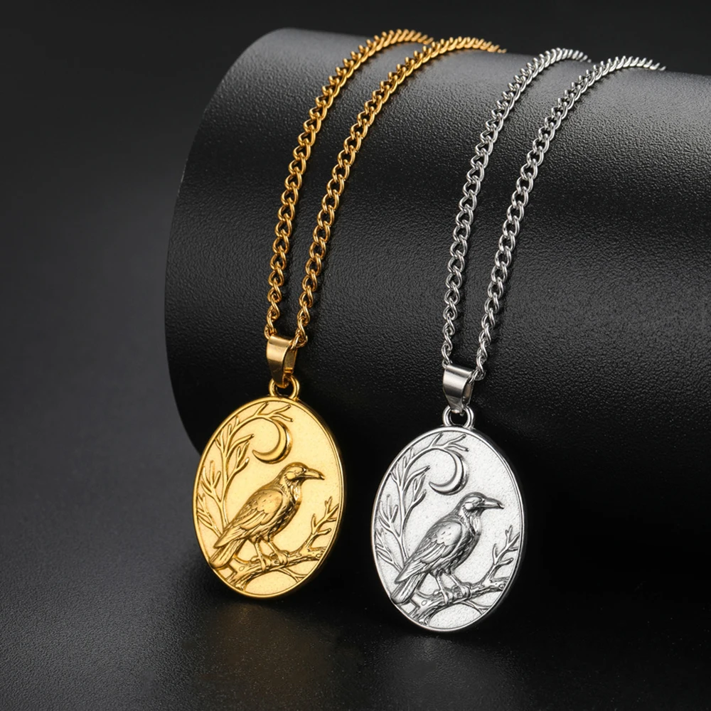 Raven Crescent Moon Necklace Stainless Steel Crow Bird Totem Oval Coin Pendant Norse Mythology Amulet Jewelry Gift for Men Women