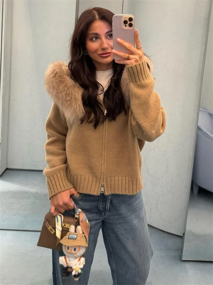

Fluffy Zipper Patchwork Long Sleeve Ribbed Solid Knit Fur Coat Women's Cardigans Winter Female Sweater Hoodie Cardigan Jacket