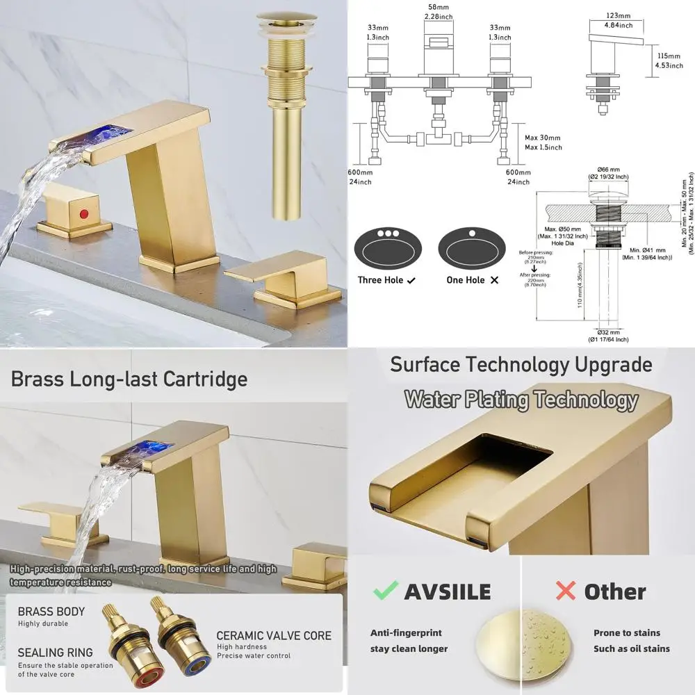 

8 Widespread Brushed Gold 3-Hole Modern Bathroom Sink Faucet with Touch-On Controls