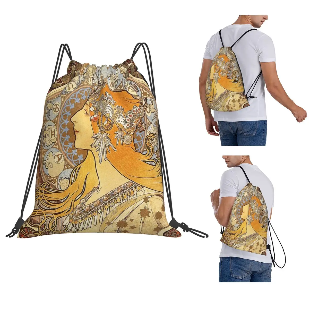 

Alphonse Mucha Zodiac Art Nouveau Woman Backpacks Casual Drawstring Bags Shoes Bag Book Bags for Man Woman School