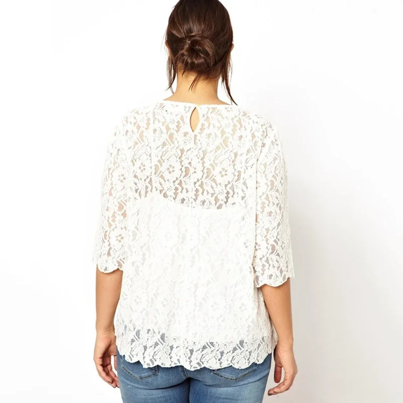 Plus Size Elegant Fashion Lace Blouse Women Solid White Quarters Sleeve Button Back Spring Office Casual Top T-shirt 6XL 7XL 8XL