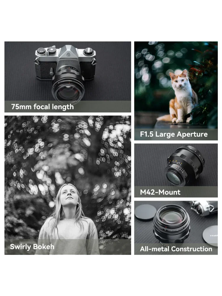 TTArtisan 75mm F1.5 Swirly Bokeh Silver Full Frame Lens M42 be transferred to Sony Canon Nikon Fuji Lumix  fotografica