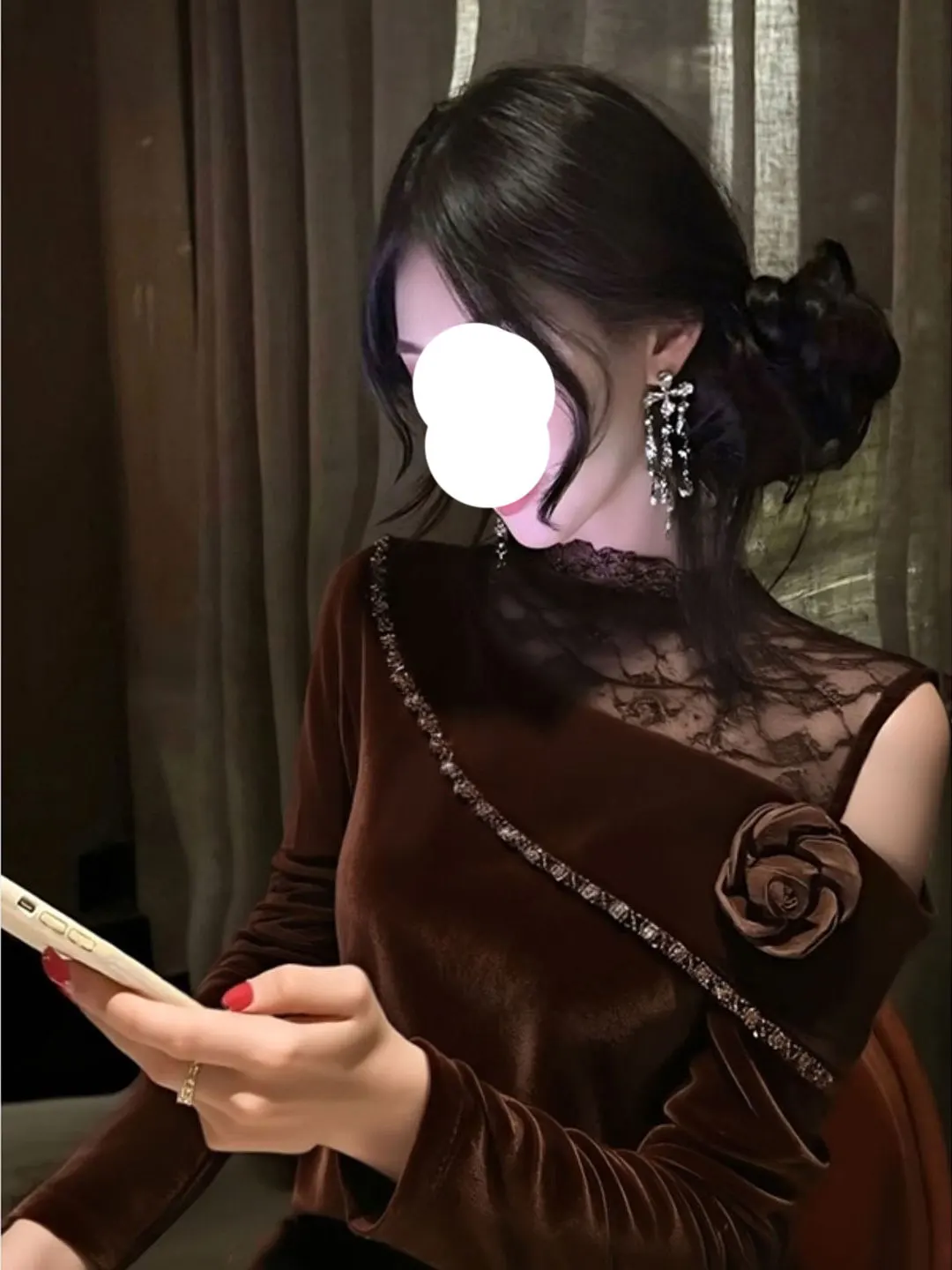 

Faionable Velvet Lace Splice oulder Winter Top for Women 2026 New Sle Asymmetrical Floral Decoration French Sle Slim Fit