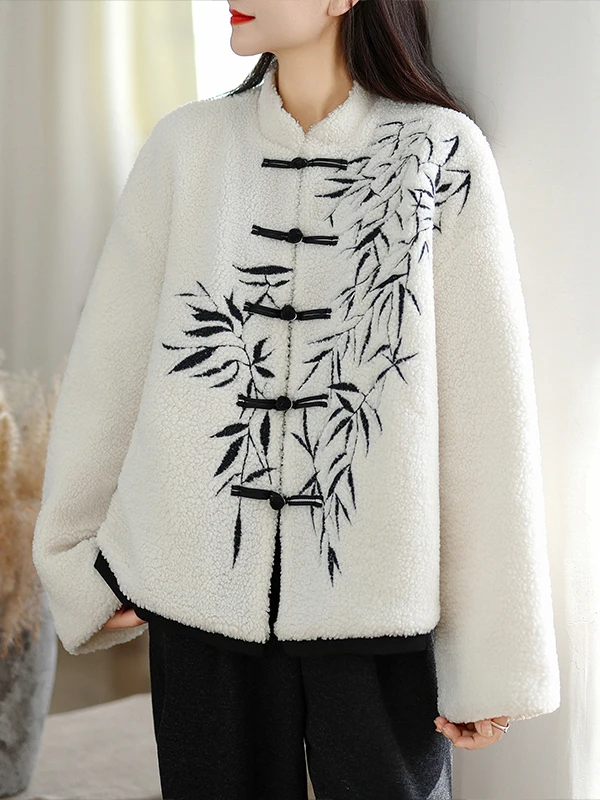

Thiened Lamb Fur Cotton Stitched Women's Coat Winter New Sle National Trendy Embroidered Outerwear Warm Stand Collar Button