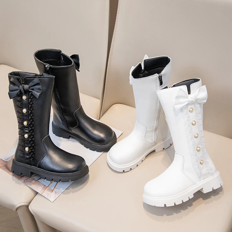 

2025 Autumn Winter Boots Bow Lace Princess Shoes Outdoor Non-slip Child High Top Boots Windproof Waterproof Kids Casual Shoes