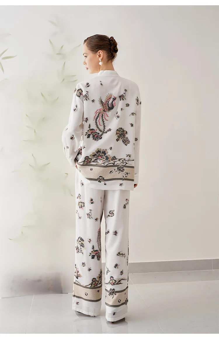 Été Nouvelle Femme Haut de Gamme inj+ Coton Phoenix Jacquard Petit Col Debout Manteau à Manches sulf+ Pantalon Jambes Larges Ensemble 2 Pièces M-XXL