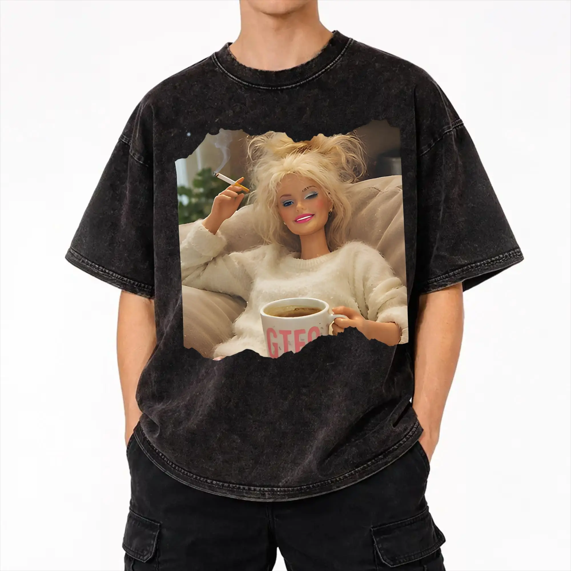 Blonde Doll Disheveled Doll Washed T Shirts Streetwear Hip Hop Vintage T-Shirt  Tee Shirt for Men Women Cotton Oversize