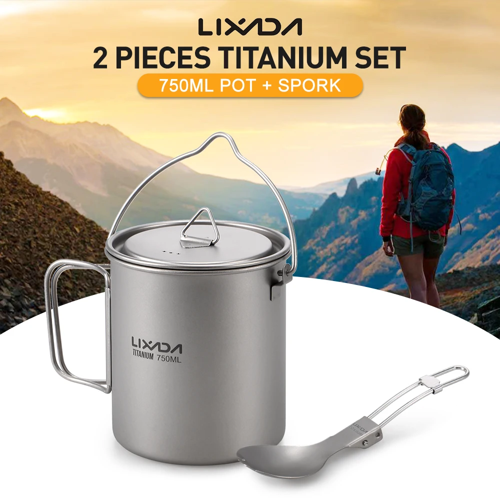 Lixada Lightweight Titanium 750ml Pot with Folding Spork for Outdoor Camping Hiking Backpacking Picnic