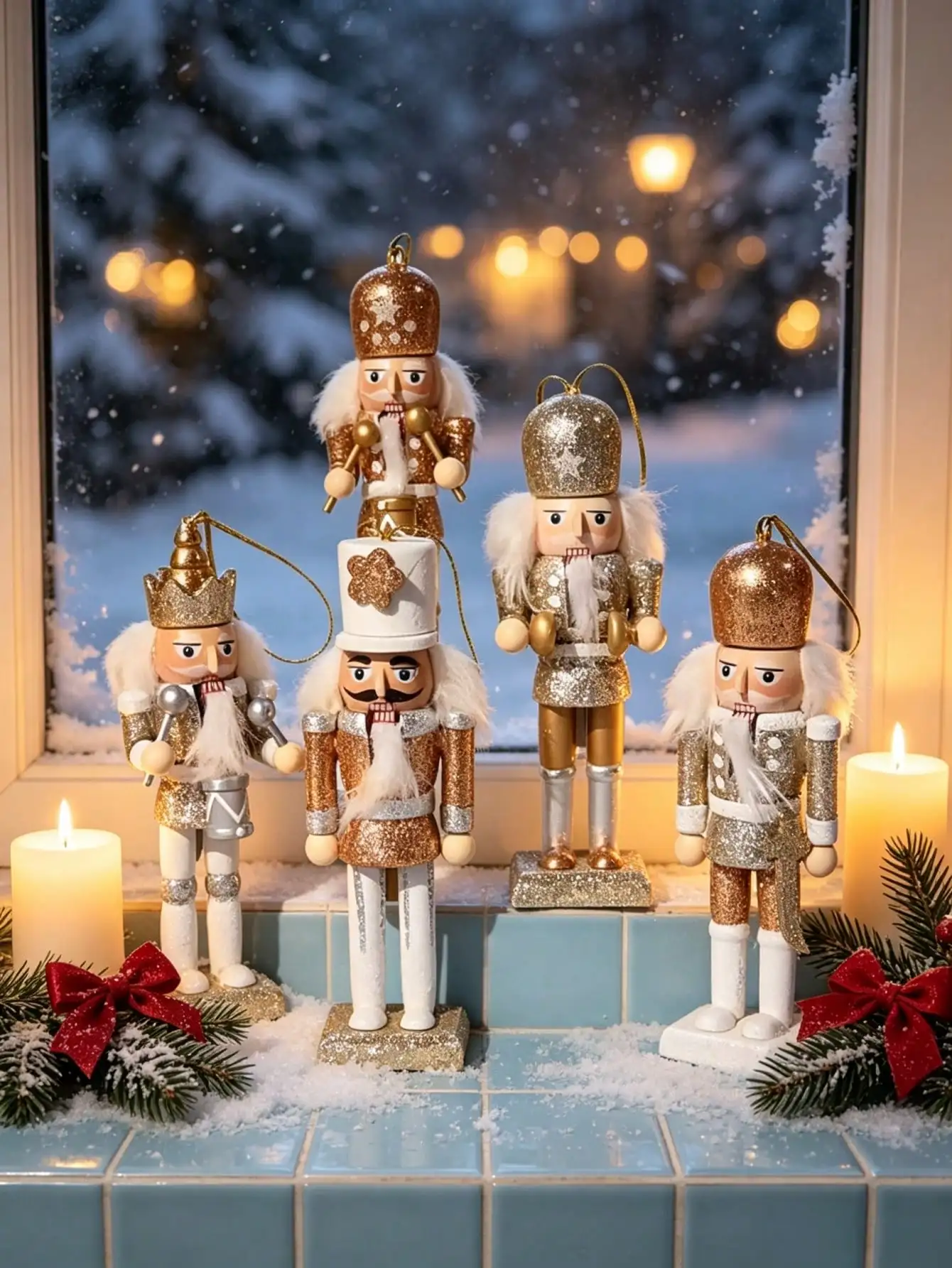シャンパンゴールドのラメが施された木製のくるみ割り人形ペンダ - Nutcracker Figurine のレビューと価格