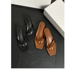 Leather Simple Flip Flops Kitten Heel Square Toe Mules Flip-flops Mid-heel Sandals Slippers Women