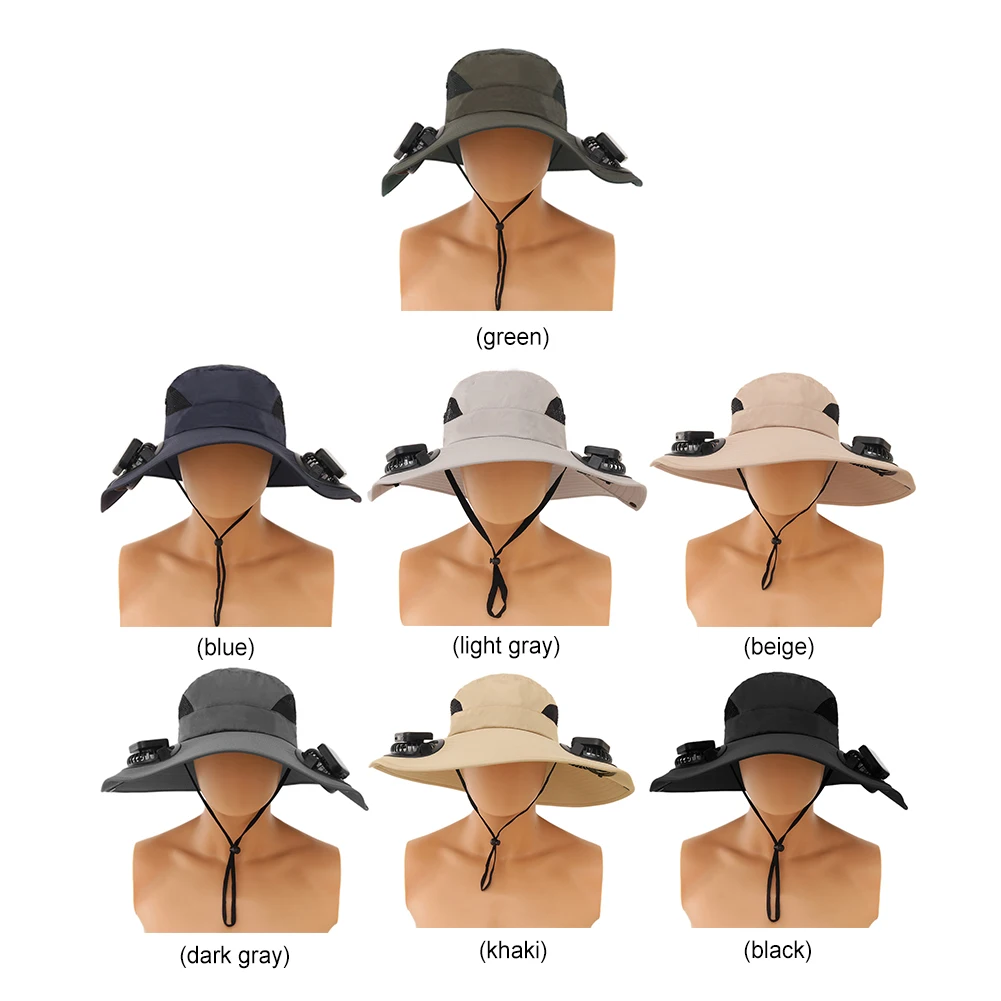 قبعة مروحة تعمل بالطاقة الشمسية قبعة صيد خارجية مع 2 مروحة شمسية قبعة بحافة واسعة قبعة مضادة لحروق الشمس للتخييم في الهواء الطلق والصيد والتنزه والتسلق
