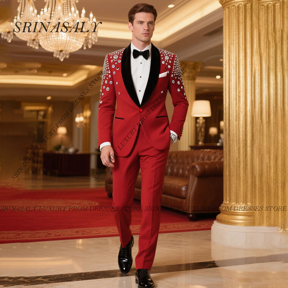 

Customized High End Beaded Crystals Wedding Suits For Men 2 Piece Sets Groom Tuxedos Slim Fit Glitter Male Party Ropa Hombre