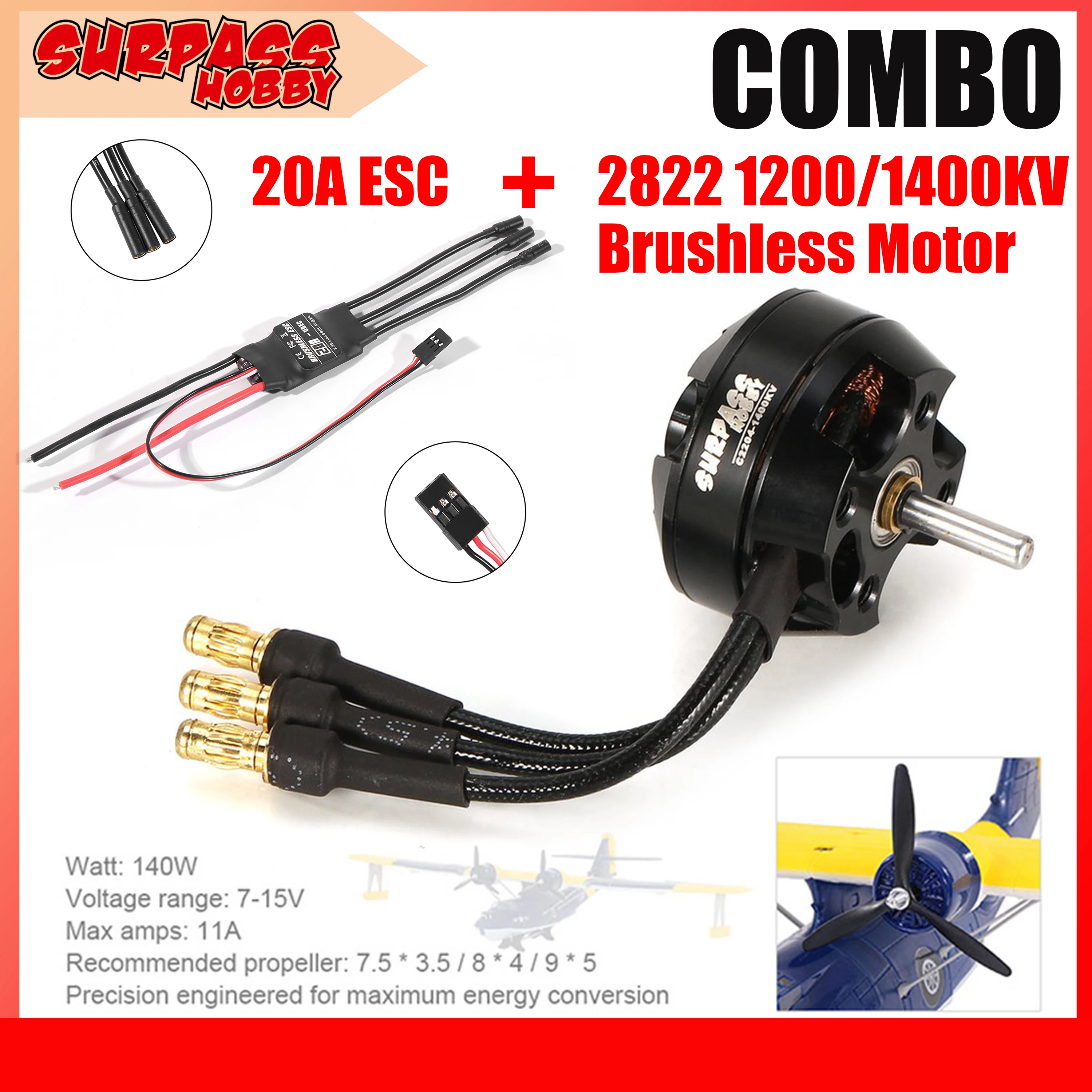 SURPASS HOBBY 2822 1200/1400KV Brushless Motor w/ 20A ESC 2-3S Speed Controller for RC Plane Fixed-wing Aircraft Drone Toy Part