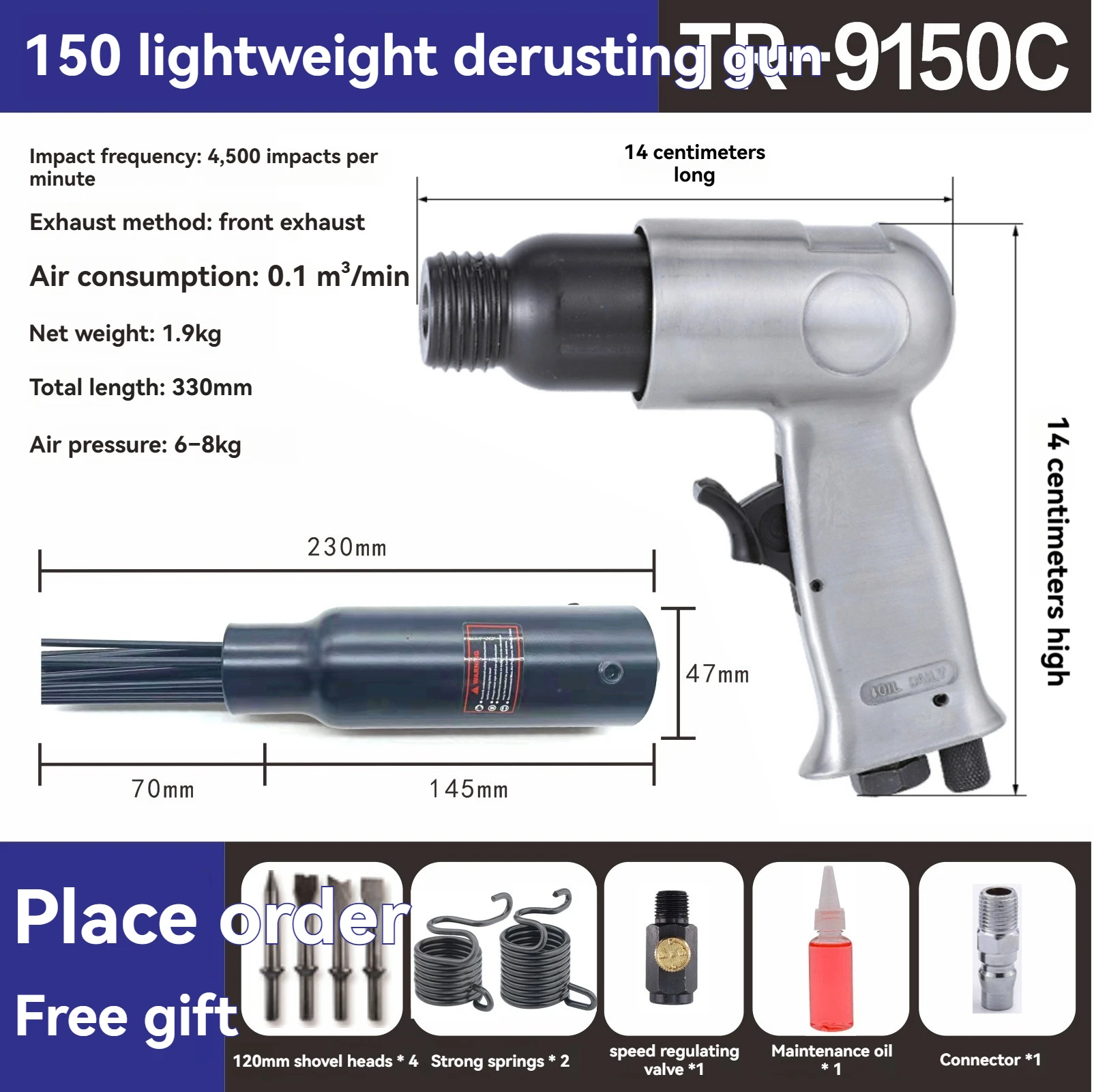 Pneumatic Needle Scaler, Industrial Air Needle Rust Removal Gun for Marine Ship, Air Shovel Tool